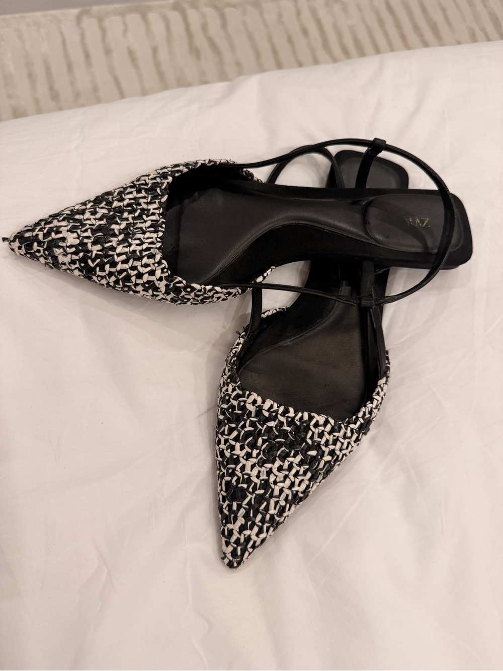Zara Black & White Woven Pointed Slingback Flats
